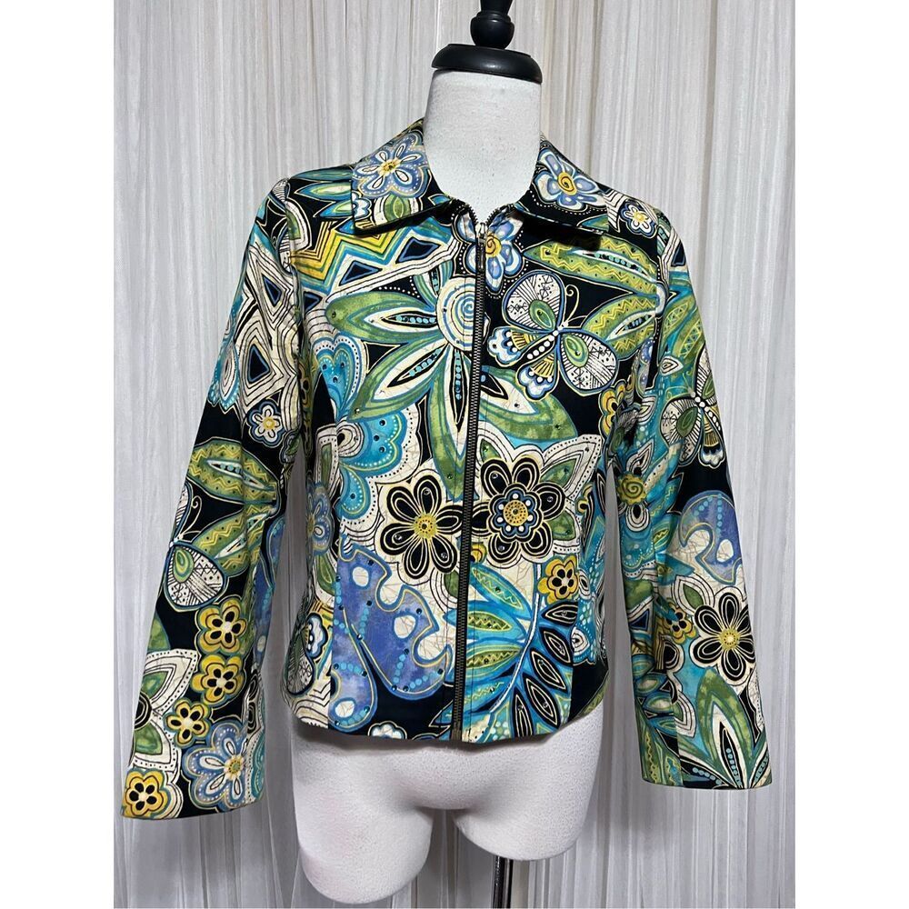 Lorizoni Jacket Women XS Blue Green Floral Abstract Zip Blazer Rhinestone Vintag